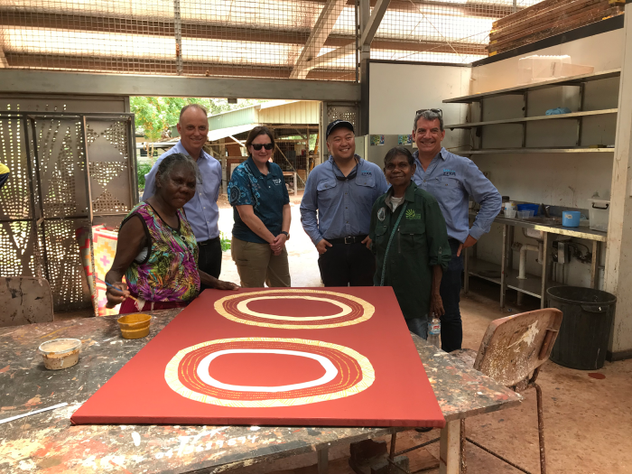 Tiwi artist Carol Puruntatameri painting at Pirlangimpi Art Centre 